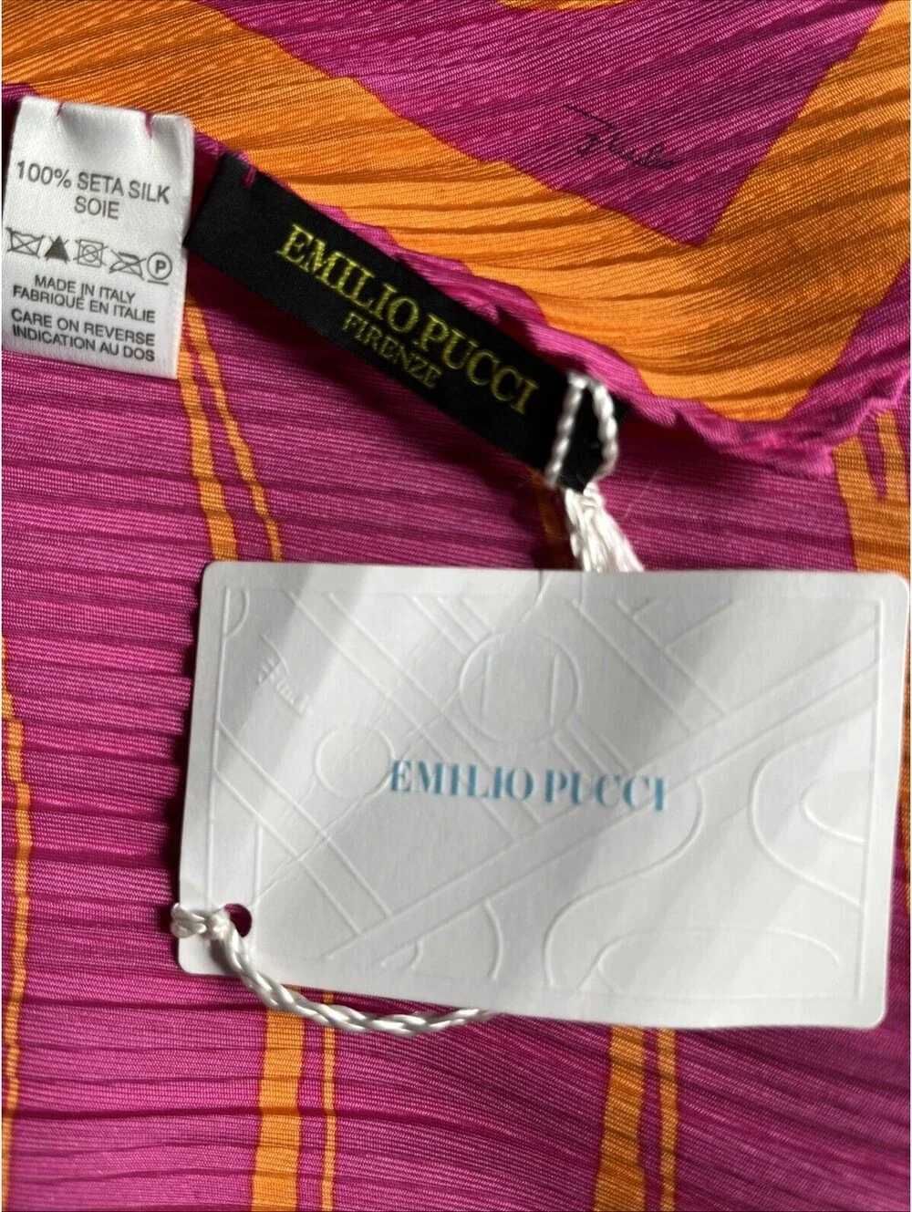 Authentic Emilio Pucci Silk Plissé Diamond Scarf Pink Orange Pleated Italy NWT